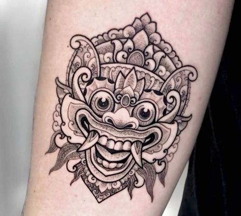 Thai Mask Tattoo, Barong Tattoo Balinese, Balinese Mask Tattoo, Tattoo Balinese, Balinese Tattoo Design, Thai Style Tattoo, Indonesian Tattoo, Barong Tattoo, Cambodian Tattoo