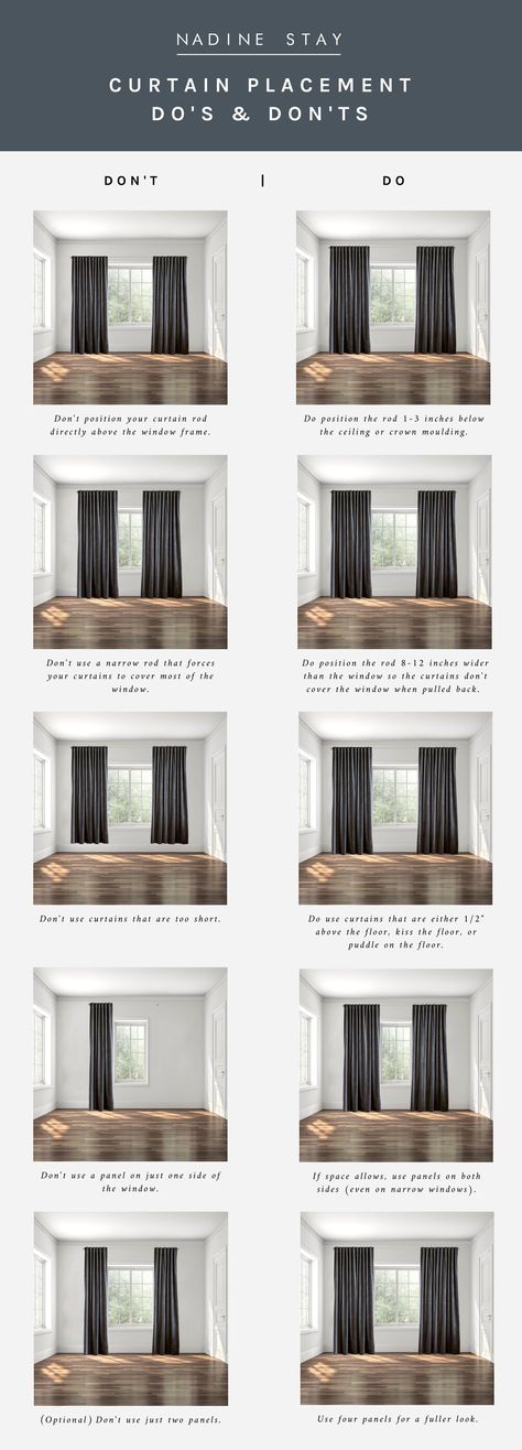 THE DO'S + DON'TS OF CURTAIN PLACEMENT | Nadine Stay Four Curtain Panels One Window, Hide Fireplace Opening, Curtain Dos And Dont, Windows With One Curtain Panel, Curtains All Around The Room, 3 Curtain Panels On One Window, 10ft Ceiling Curtains, Window Blinds With Curtains, 10 Ft Ceilings Living Room Curtains