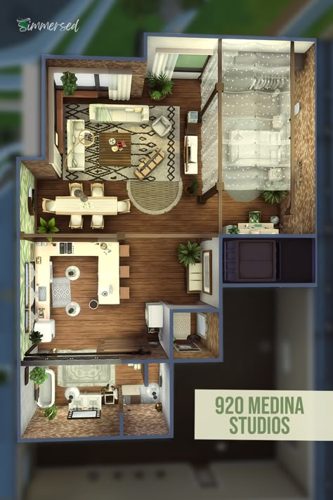 Rustic Studio Apartment, The Sims 4 Apartment, Apartment Blueprints, Rustic Studio, Sims 4 No Cc, Sims 4 Houses Layout, Studio Floor Plans, San Myshuno, Sims Freeplay Houses