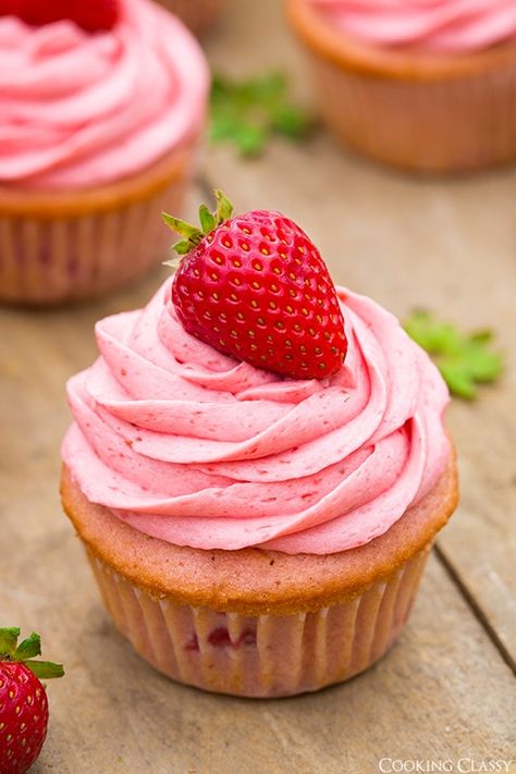 Strawberry Cupcakes with Strawberry Buttercream Frosting | Cooking Classy Strawberry Buttercream Frosting, Strawberry Buttercream, Strawberry Cupcakes, Cooking Classy, Buttercream Frosting, Strawberries, Frosting, Cupcake, Pink