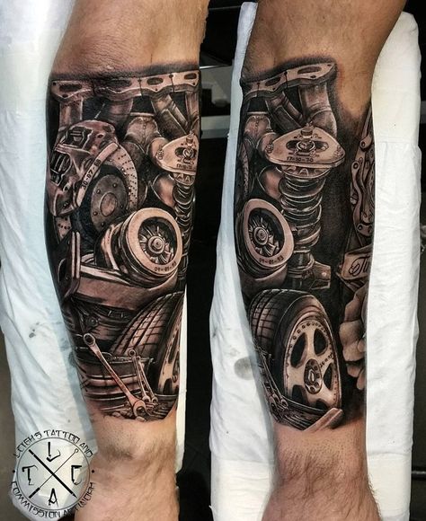 Mechanic Mens Forearm Piece | Best tattoo ideas & designs Mechanic Tattoo Ideas, Piston Tattoo, Hot Rod Tattoo, Engine Tattoo, Gear Tattoo, Tool Tattoo, Mechanic Tattoo, Biker Tattoos, Tattoo Trend