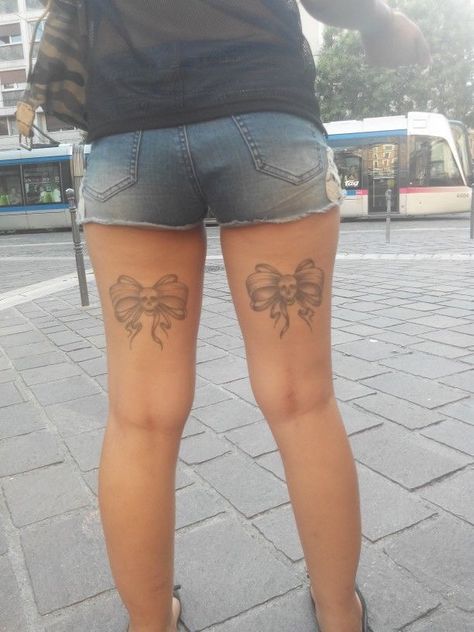 Skull Bow Tattoo, Trap Stamp, Small Bow Tattoos, Tie Tattoo, Bow Tattoo Thigh, Bow Tie Tattoo, Trap Tattoos For Women, Girly Tattoo, Upper Thigh Tattoos