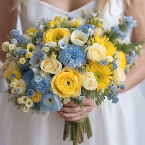 7 Ideas for Blue and Yellow Wedding Colors - Yeah Weddings Blue Yellow Wedding Decor, Blue Yellow Flower Arrangements, Blue And Yellow Wedding Bouquet, Blue And Yellow Wedding Theme, Blue And Yellow Bouquet, Yellow Wedding Colors Schemes, Yellow And Blue Wedding, Pale Yellow Weddings, Light Yellow Weddings