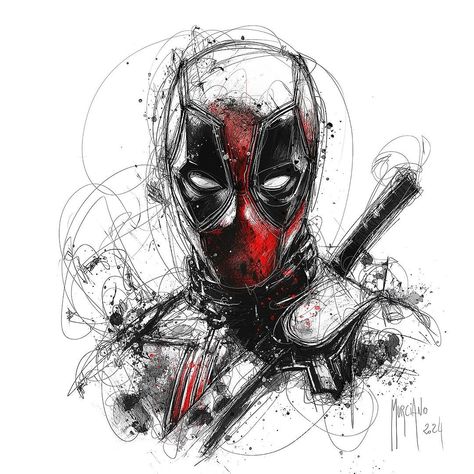 Title: Deadpool Artist: Patrice Murciano Medium: Ink on Canson paper Dimensions: 40x40cm (15”x15”) Origin: France Patrice Murciano’s ‘Deadpool’ is a pencil-on-paper masterpiece that skillfully sketches the Super Hero. #art #artcollector #artgallery #deadpool Deadpool Line Art, Deadpool Watercolor, Deadpool Sketch, Super Hero Art, Raw Lines, Deadpool Drawing, Miami Art, Art Collector, Super Hero