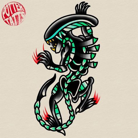 Alien American Traditional Tattoo, Simple Black Tattoos Men, Xenomorph Tattoo Traditional, Xenomorph Tattoo Ideas, Fantasy Traditional Tattoo, Alien Traditional Tattoo, Dark American Traditional Tattoo, American Traditional Drawing, Alien Xenomorph Tattoo