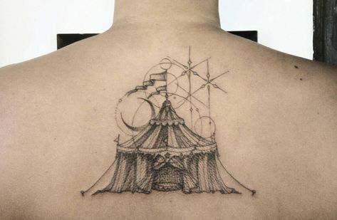 The Night Circus Tattoo Ideas, The Night Circus Tattoo, Night Circus Tattoo, Circus Tent Tattoo, Circus Tattoo Ideas, Tent Tattoo, Circus Tattoos, Carnival Tattoo, Circus Tattoo