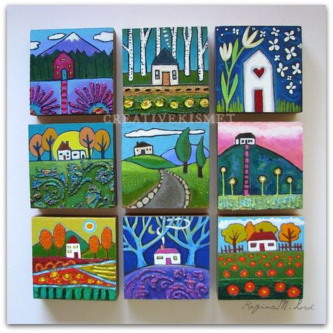 Naive Art, Mini Canvas Art, Mini Paintings, Small Paintings, Living Life, Tile Art, Little Houses, Miniature Painting, Whimsical Art