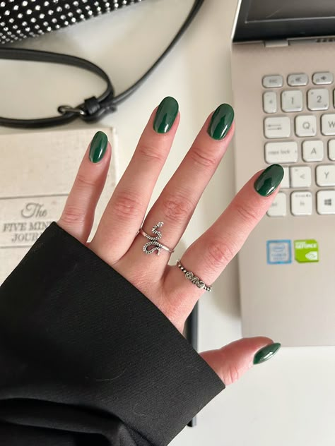 Dark green short nails Rounded Green Nails, Emerald Green Gel Nails Short, Dark Green Round Nails, September Nails 2024 Short, Green Prom Nails Short, Green Solid Nails, Oval Green Nails, Dark Green Nails Short, Dark Green Short Nails