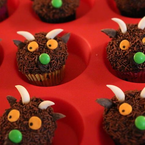 Gruffalo cupcakes! "His eyes were orange ..." | Taking these… | Flickr Gruffalo Party, Gruffalo's Child, Cake Templates, The Gruffalo, Childrens Birthday Cakes, Baking With Kids, Halloween Cupcakes, Birthday Food, Fun Cupcakes