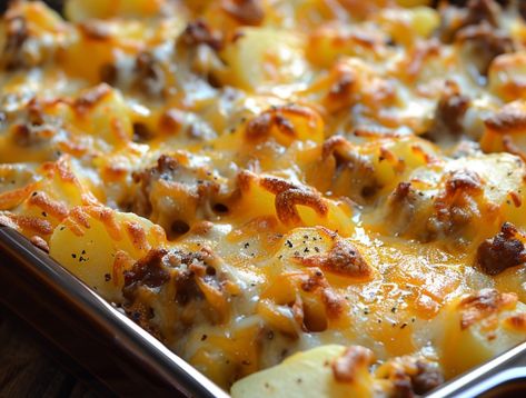 Cheesy Hamburger Potato Casserole Cheese Potato Casserole, Hamburger Potato Casserole, Hamburger And Potatoes, Cheese All, Cheese Casserole, Chocolate Cookie Recipes, Gooey Cheese, Beef Casserole, Mouth Watering Food