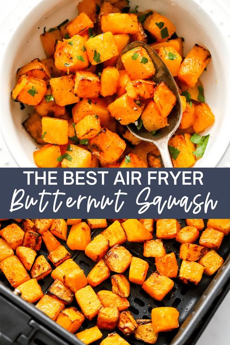 Butternut Squash Recipes Healthy, Air Fryer Butternut Squash, Butternut Squash Side Dish, Butternut Squash Recipes Easy, Healthy Squash Recipes, Butternut Squash Fries, Butternut Squash Recipe, Frozen Butternut Squash, Butternut Squash Cubes