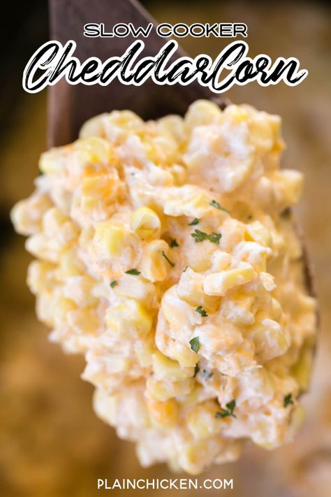 Slow Cooker Cheddar Corn – this stuff is AMAZING!! Just dump everything in the slow cooker and let it work its magic! Frozen corn, cream cheese, cheddar cheese, butter, heavy cream, salt and pepper. Great side dish for a potluck! There is never any left! Such an easy side dish recipe!! #slowcooker #crockpot #corn #sidedish Sides Crockpot, Easter Side Dishes Vegetables, Cheddar Corn, Vegetable Slow Cooker, Chicken Cheddar, Chicken Cooker, Best Thanksgiving Side Dishes, Thanksgiving Food Sides, Easter Side Dishes