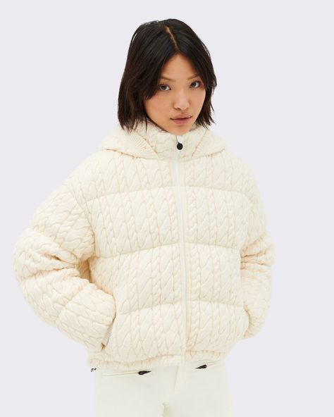 Kate Cable Knit Down Jacket | Perfect Moment Ski Clothes, Resort Look, Luxury Ski, Skiing Outfit, Surf Wear, Perfect Moment, White Jacket, Ski Wear, My Clothes