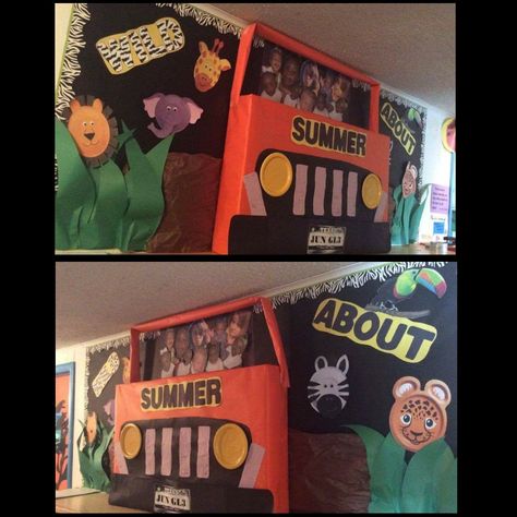 Summer jeep Theme Classroom Ideas, In The Wild Vbs, Safari Classroom, Jeep Art, Diy Jeep, Jungle Theme Classroom, Classroom Theme Ideas, Farm Animal Crafts, Class Door