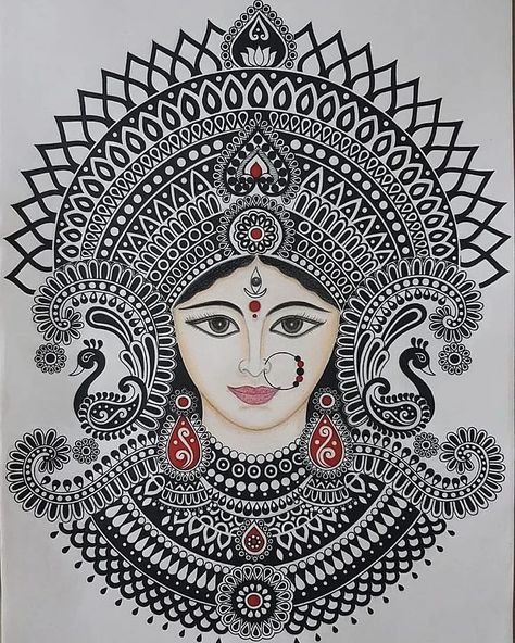 Hanuman Outline Images, Navratri Devi Drawing, Madhubani Outline, Dasara Drawing, Ma Durga Mandala Art, Devi Drawing, Pencil Sketches Of Faces, Navratri Ideas, Easy Mandala Drawing