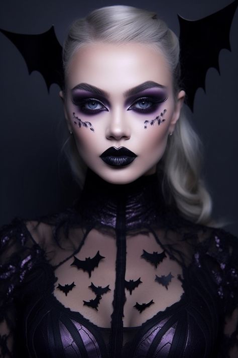 Halloween Batwing Beauty makeup inspired by Gothic aesthetics Dark Halloween Makeup Looks, Easy Drag Makeup, Dark Angel Halloween Makeup, Gothic Halloween Makeup, Dark Angel Makeup, Halloween Beauty Makeup, Wicked Makeup, Bat Makeup, Demon Makeup