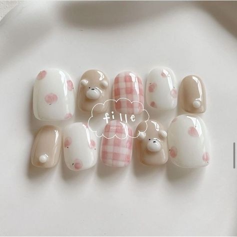 Korean Bear Nails, Cute Bear Nail Art, Korean Nail Art Simple Cute, Korean Nail Art Short Nails, Nail Cute Korean, Kawaii Nail Art Korean, Cute Nails Korean, Bear Nails, Kutek Disney