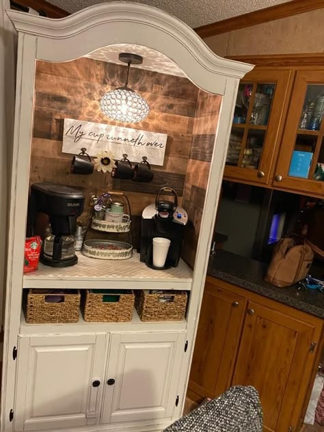 China Cabinet Coffee Bar Diy, Dresser Into Coffee Bar, Coffee Station Hutch, Coffee Hutch Ideas, Refurbished Entertainment Center, Coffee Cupboard, Armoire Coffee Bar, Coffee Hutch, Armoire Bar