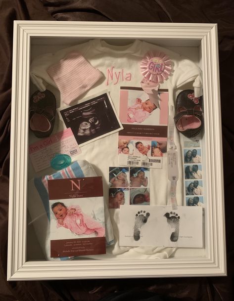 Shadow Box For Baby Girl, Shadow Box Gender Reveal, Newborn Shadow Box Girl, Shadow Box Baby Girl, Baby Shadow Box Girl, Shadow Box Ideas Baby, Newborn Shadow Box Ideas, Baby Shadow Boxes, Baby Keepsake Box Ideas