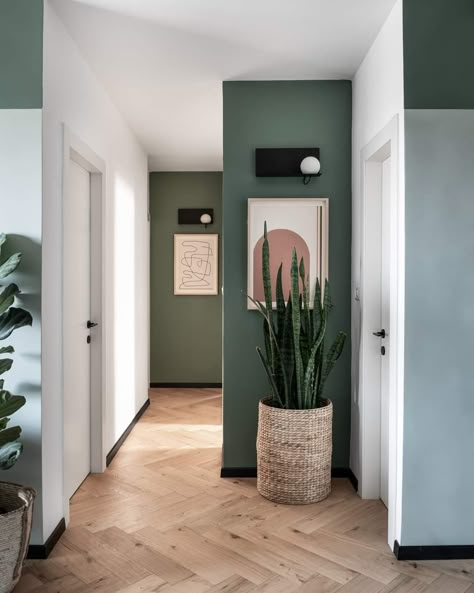 Deep Green Entryway, Entryway Green Wall, Green Foyer Entryway Paint Colors, Green Accent Wall Hallway, Green Vestibule, Natural Hallway Ideas, Green And White Hallway, Green Entryway Walls, Olive Hallway