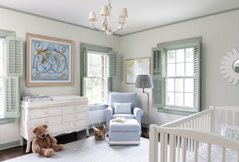 Toddler Bedroom Playroom, Transitional Nursery, Green Nursery Boy, Baby Watch, Blue Nursery Boy, Nursery Trends, Blue Shutters, Green Nursery, Nursery Room Design