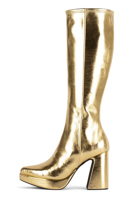 Platform Outfit, 70s Boots, Boot Fits, Knee High Platform Boots, Gold Platforms, Gold Boots, Outfits 70s, Preformance Outfits, Gold Glam