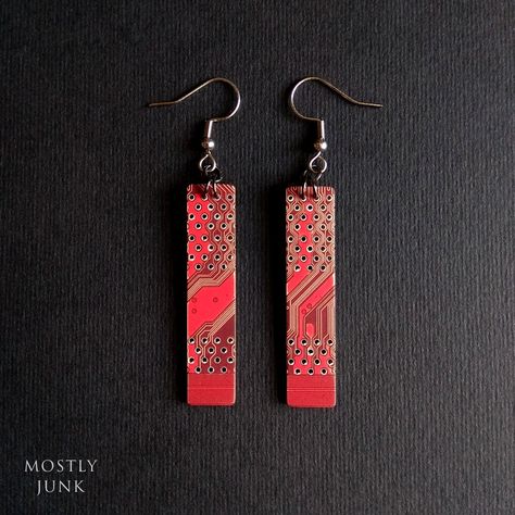 Circuit Jewelry, Pcb Jewelry, Circuit Board Fashion, Cyberpunk 2077 Aesthetic, Handmade Punk Red Jewelry, Cyberpunk Earrings, Red Retro Metal Jewelry, Waste Jewelry, Circuit Board Clothes