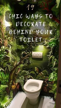 Jungle Toilet Design, How To Decorate A Water Closet, Funny Bathroom Ideas, Water Closet Decor Toilet Room, Waxing Suite, Toilet Closet Ideas, Jungle Bathroom Ideas, Wall Behind Toilet, Water Closet Ideas