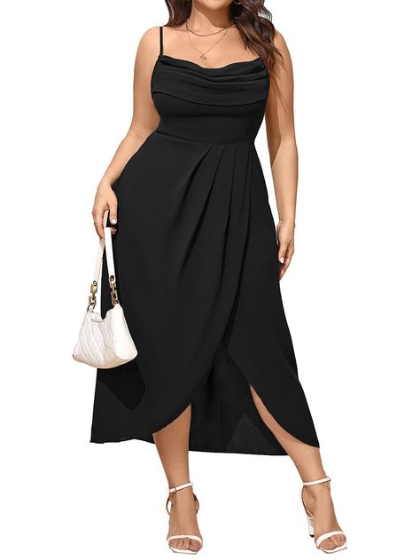 PRICES MAY VARY. MATERIAL: The Plus Size Dress Is Made Of 95% Polyester 5% Elastane, Comfy, Lightweight, Breathable, Skin-Friendly, Halter Dresses Are Perfect For Summer FEATURES: Women's Plus Size Dress/ Women's Maxi Dress/ Party Dress/ Women's Front Split Dress/ Cowl Neck Dress/ Elegant Cocktail Dresses/ Adjustable Spaghetti Straps/Elastic Waist/ Mid-Length/ Ruched Design At Bust/ Plus Size Long Dress/ Sleeveless Long Dresses/ Spaghetti Strap Backless Bodycon Summer Dresses/ Sexy Slim Fit Nigh Dresses That Hide Tummies, Black Dress Wedding Guest Plus Size, Dress Up A Black Dress For A Wedding, Black Dress Colorful Accessories, Petite Cocktail Dresses Classy, Cocktail Dress For Curvy Women, Party Dress For Plus Size Women, Midsize Cocktail Dress, Formal Wedding Guest Dress Plus Size