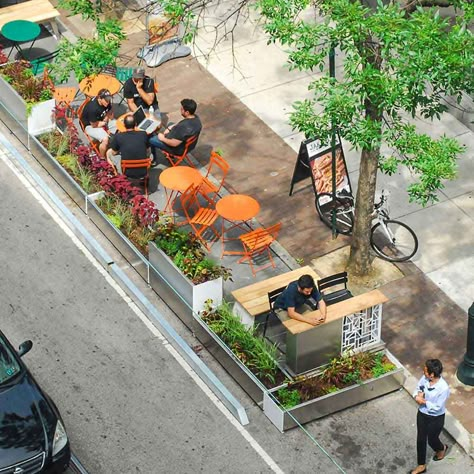 pop up parklet Urban Spaces Design, Urban Ideas, Streetscape Design, Plaza Design, Walkable City, Urban Design Graphics, Urban Intervention, Urban Design Plan, Urban Landscape Design