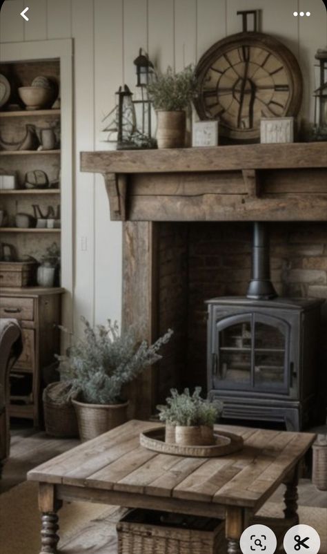 Wood Burner Mantle Ideas, Cottage Living Room Fireplace, Open Hearth Fireplace, Cotswolds Fireplace, Half Stone Half Shiplap Fireplace, Wood Burning Stove In Fireplace, English Cottage Fireplace Ideas, French Cottage Fireplace, Woodstoves In Living Rooms