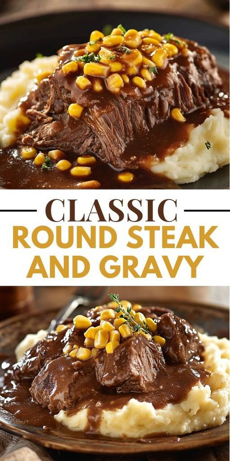 Dive into the ultimate comfort food with this Classic Round Steak and Gravy Recipe! 🥩🍴 Tender round steak simmered in rich, savory gravy is the perfect homestyle meal. Serve it over creamy mashed potatoes or rice for a family dinner everyone will love. ❤️ #RoundSteak #ComfortFood #BeefRecipes #HomestyleCooking #DinnerIdeas Round Steak And Gravy Stove Top, Recipes For Tenderized Round Steak, What To Do With Round Steak, Beef Round Tip Steak Recipes, Boneless Top Round Steak Recipes, Round Tip Steak Recipes, Beef Round Top Round Steak Recipes, Instant Pot Round Steak Recipes, Recipes With Round Steak