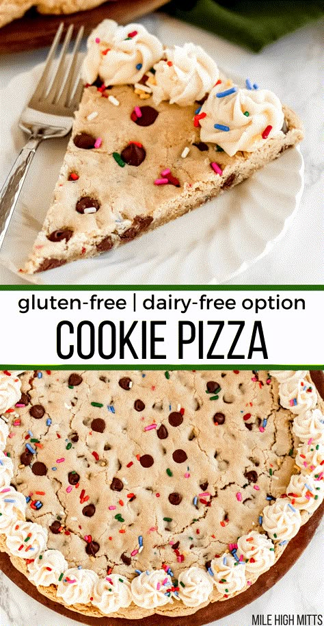 The best, classic birthday party or Holiday party treat is a Cookie Pizza! This easy dessert is based off of my chocolate chip cookie recipe, forming one giant cookie that you can cut into slices just like pizza. Filled with chocolate chips and sprinkles, this gluten-free cookie pizza can also easily be made dairy-free. Use buttercream frosting to decorate the edges (and add a little "Happy Birthday" in the middle too!). This flexible dessert can work for Christmas, Valentine's Day, and more! Classic Birthday Party, Gluten Free Dairy Free Dessert, Classic Birthday, Cookie Pizza, Giant Cookie, Chocolate Chip Cookie Recipe, Allergy Free Recipes, Dessert Dips, Gf Desserts