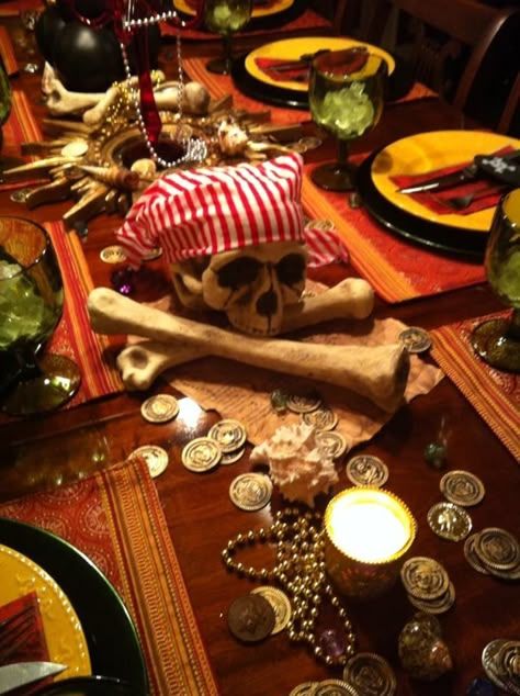 Pirate party table decor Pirate Party Tables, Adult Pirate Party, Pirate Dinner, Pirates Dinner, Pirate Bar, Pirate Halloween Party, Pirates Theme, Pirate Party Decorations, Pirate Themed Party