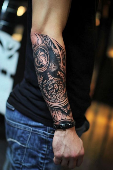 Intricate black and grey tattoo sleeve on a person's forearm, depicting abstract patterns and designs. Full Forearm Tattoo, For Arm Tattoo, Man Arm, Forearm Tattoos For Men, Arm Tattoo Ideas, Compass Rose Tattoo, Celtic Knot Tattoo, Armor Tattoo, Knot Tattoo