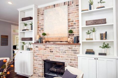 Copy Joanna's Farmhouse Style: 30 Things to Paint White Now | HGTV's Fixer Upper With Chip and Joanna Gaines | HGTV >> http://www.hgtv.com/shows/fixer-upper/copy-joannas-farmhouse-style-30-things-to-paint-white-now-pictures?soc=pinterest Fireplace With Bookshelves, Fixer Upper Fireplace, Farmhouse Paint Colors Interior, Andong, Pig House, Gyeongju, Farmhouse Paint Colors, Fireplace Built Ins, Farmhouse Paint