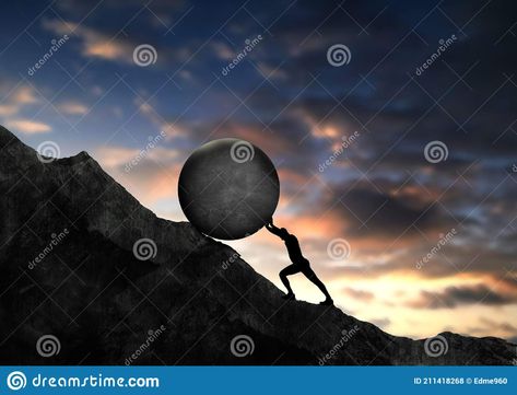 Illustration about Businessman pushing concrete big stone uphill. man push hardly the concrete circle up to the top of mountain. Conceptual illustration of Sisyphus. Illustration of person, impossible, obstacle - 211418268 Man Pushing Rock Uphill, Sisyphus Illustration, Top Of Mountain, Picture Of A Person, Rock Sign, Skateboard Design, Conceptual Illustration, Bouldering, Business Man