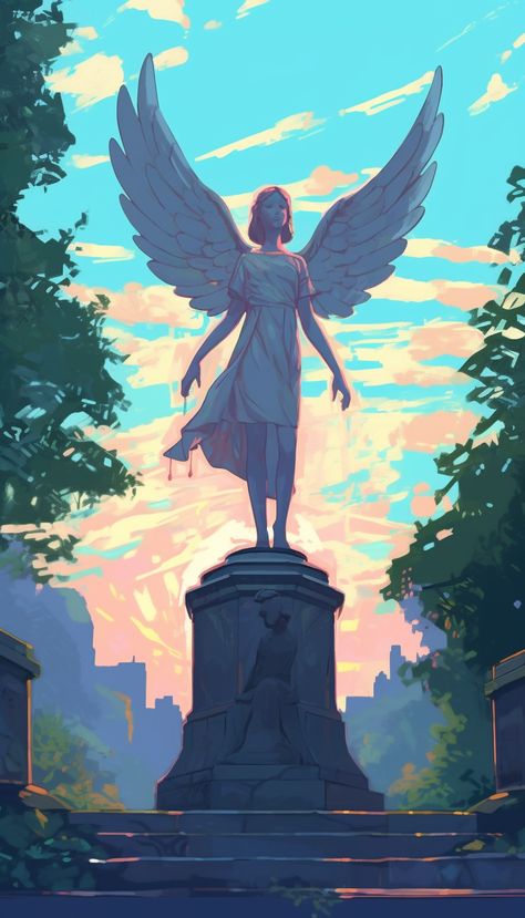 Mid Journey illustration of an angel in Montreal Statue Drawing Digital, Statue Illustration Graphic Design, Statue Drawing Reference, Dnd Statue, Statue Art Drawing, Statue Digital Art, Angel Pose Reference, Statue Illustration, Celestial Creatures