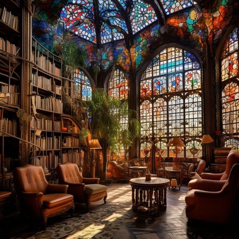 Colorful Library Aesthetic, Stained Glass Library, Bright Library Aesthetic, Mystic Library Aesthetic, Waiting Room Design Shifting, Library Stained Glass Windows, Library With Stained Glass Windows, Sunny Library, Old Library Architecture Exterior