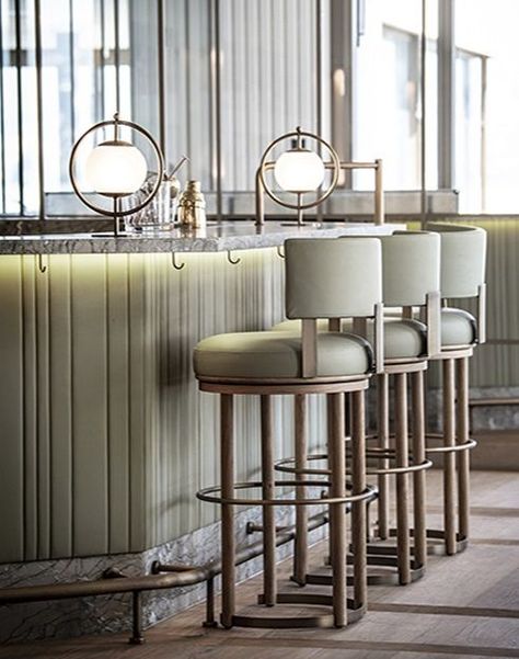 Designed by London-based Brady Williams Studio, featuring bar stools from Ottiu and interesting globe light fixtures mounted to the bar counters Bar Counter Design, Bar Sala, Bar Interior Design, Salon Suites, Counter Design, Bar Interior, Lounge Design, Bar Design Restaurant, Hotel Bar