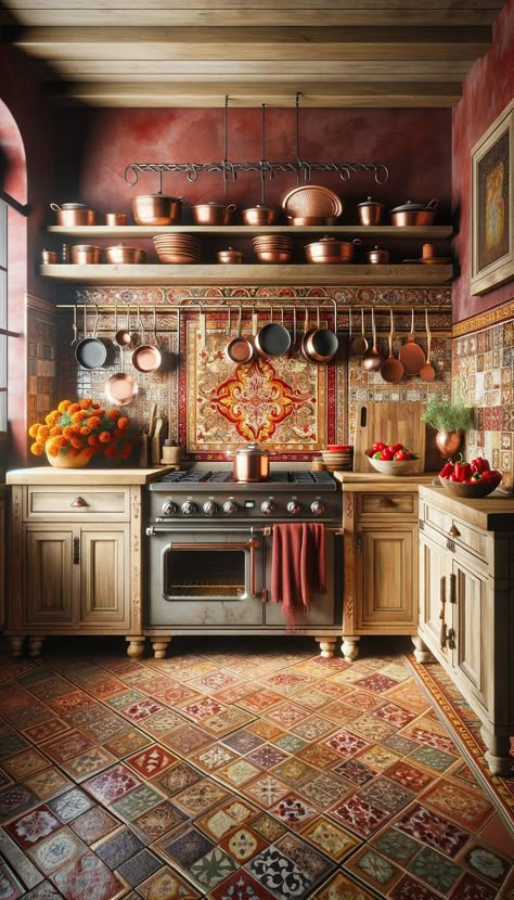 Ignite your passion for cooking in this Mediterranean kitchen, where deep red walls and natural wood cabinets create a warm and inviting atmosphere. 🍅 The flame-patterned mosaic backsplash and red marble island add a fiery touch, while copper accents and vibrant marigolds contribute to the sizzling charm. 🌶️ Pin and follow for more spicy kitchen inspiration! Red Tile Kitchen, Spanish House Decor, Mediterranean Kitchen Tiles, Natural Wood Cabinets, Dwell Kitchen, Red Kitchen Cabinets, Terracotta Kitchen, First Apartment Decor, Southwest Kitchen