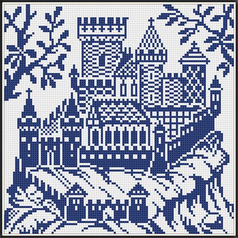 Royal Castle, Graph Crochet, Vintage Cross Stitch Pattern, Vintage Cross Stitch, Antique Samplers, Monochrome Pattern, Card Pattern, Motif Vintage, Pixel Art Pattern