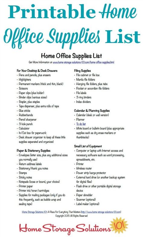 Free printable home office supplies list to make sure you're stocked with all necessary items to do your paperwork in your home {courtesy of Home Storage Solutions 101} Office Supply List, Office Supplies Checklist, Office Supplies List, Household Notebook, Back To University, Home Office Supplies, List To Make, Office Storage Solutions, Office Organization At Work