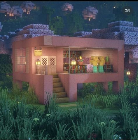 Easy Pretty Minecraft House, Maincraft Home, Minecraft Cottage Easy, Cute Easy Minecraft Builds, Minecraft Houses Pink, Minecraft Sakura House, Pink Minecraft House, Rumah Minecraft Sederhana, Minecraft Interior