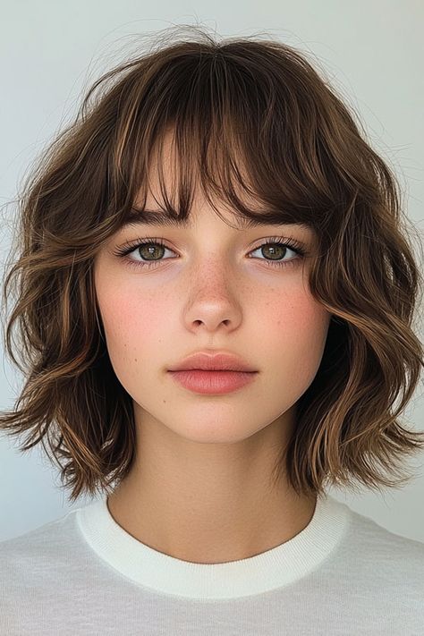 Classic Wavy Bob with Bangs, Chic Bob Hairstyle Wide Fringe Bob, Wavy Short Haircuts With Bangs, Messy French Bob With Fringe, Undone Bob With Bangs, Short Bob And Fringe, Wavy Short Hairstyles With Bangs, Curled Bob With Bangs, Wavy Hair With Bangs Short, Wavy Bob Fringe