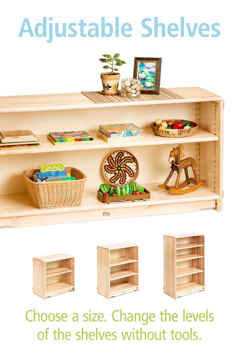 These solid maple shelves for classroom storage feature removable horizontal divisions so you can configure the space to meet your specific organization needs. Use the the soft fabric on the back for child-level display. Tap through for details and to browse more ideas for kindergarten or preschool classroom storage. Preschool Office, Maple Shelves, Montessori Lifestyle, Study Makeover, Classroom Shelves, Community Playthings, Shelf Makeover, Montessori Bookshelf, Ideas For Kindergarten