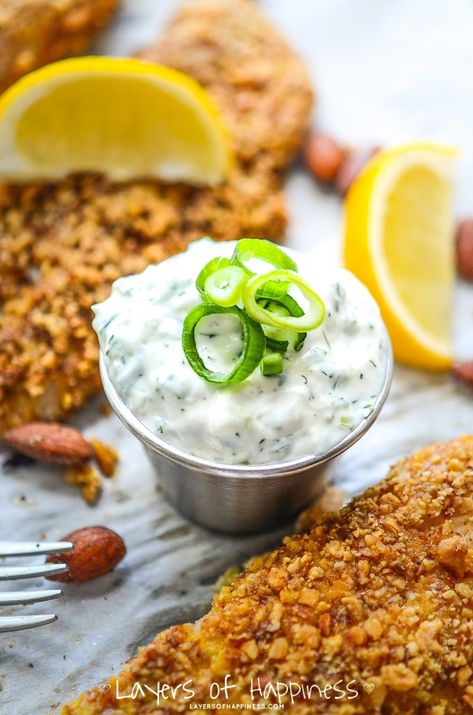 Almond Crusted Tilapia with Homemade Tatar Sauce - Layers of Happiness Tatar Sauce, Almond Crusted Fish, Backyard Dinner, Almond Crust, Paleo Fish, Crusted Tilapia, Homemade Tartar Sauce, Almond Crusted, Tilapia Recipes