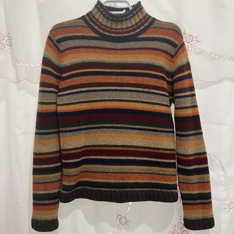 Beautiful autumnal multi color striped knit mock... - Depop 90s Striped Sweater, Multi Colored Sweater, Thrifted Sweaters, Vintage Striped Sweater, Striped Outfit, Multi Color Sweater, Fall Layering, Stripe Outfits, Mock Neck Long Sleeve