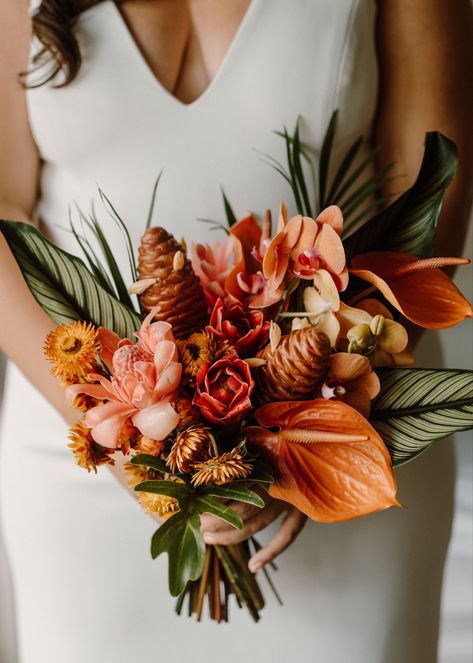 Grenada Wedding, Tropical Wedding Theme Elegant, Tropical Bridesmaid Bouquet, Gothic Tropical, Glam Wedding Bouquet, Tropical Wedding Color Palette, Tropical Flower Bouquet, Tropical Photoshoot, Tropical Elopement