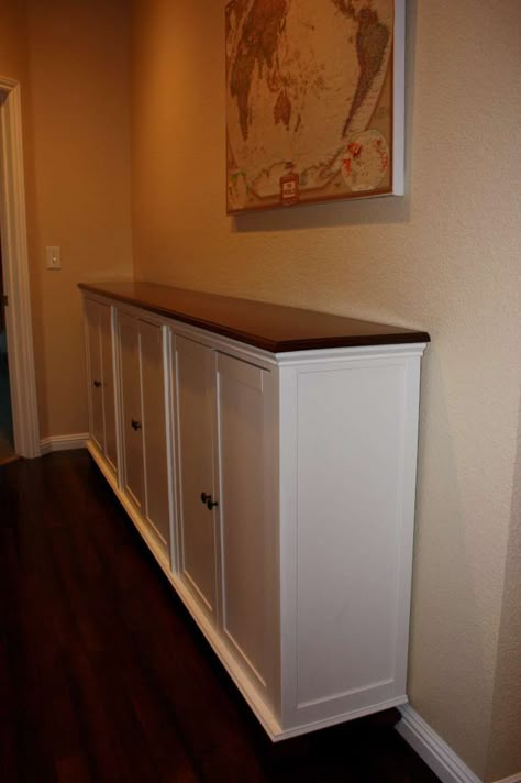 Hall console storage from 3 Ikea Hemnes desktop pieces, table legs, and a board for the top Hackers Ikea, Dining Room Console, Ikea Ideas, Ikea Hemnes, Ikea Hackers, Console Storage, Foyer Decorating, Furniture Hacks, Ikea Diy